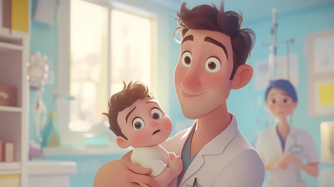父亲抱婴儿去医院看医生