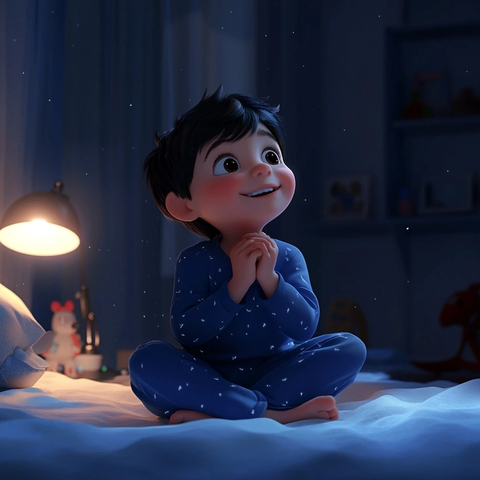 小男孩躺床上看屋顶