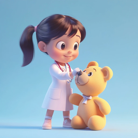 女孩玩医生游戏照顾泰迪熊