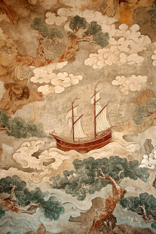 古壁画风格帆船在云海中航行图