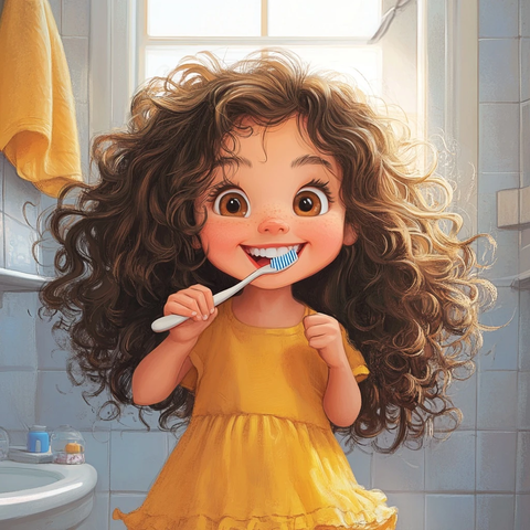 小女孩刷牙黄色裙子