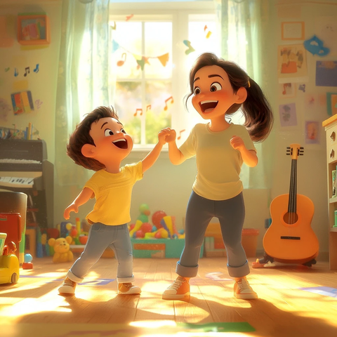 姐姐牵弟妹唱歌玩具房