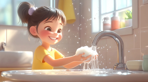 女孩洗手水花四溅明亮卫生间