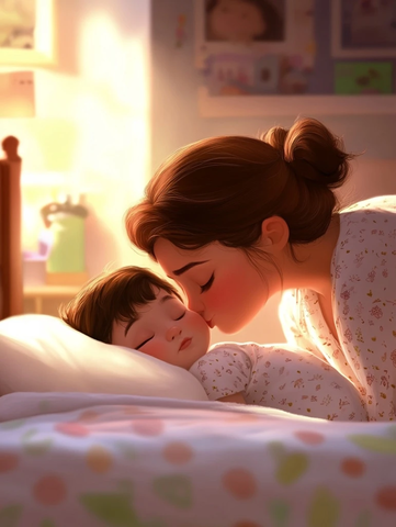 母亲轻吻熟睡的孩子