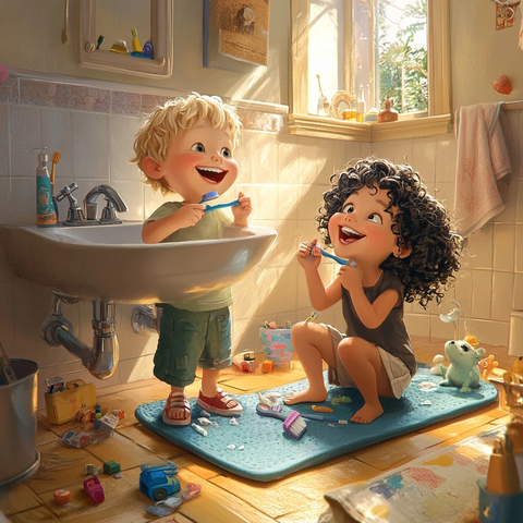 兄妹刷牙浴室场景