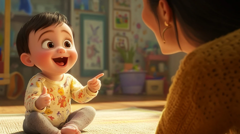 宝宝指着妈妈开心笑