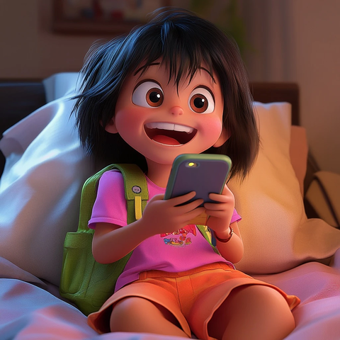 朵拉在床上看手机大笑