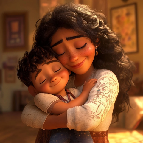 母亲拥抱儿子温馨瞬间