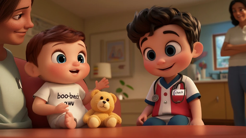 宝宝检查伤口父母欣慰微笑