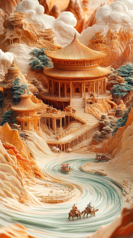 古建筑景观中的河流与驼队