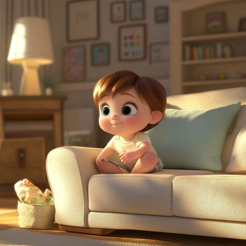 婴儿坐在客厅沙发