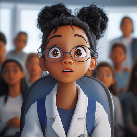 黑人女孩科学家坐在人群中