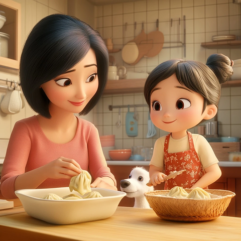 妈妈和女儿一起包饺子