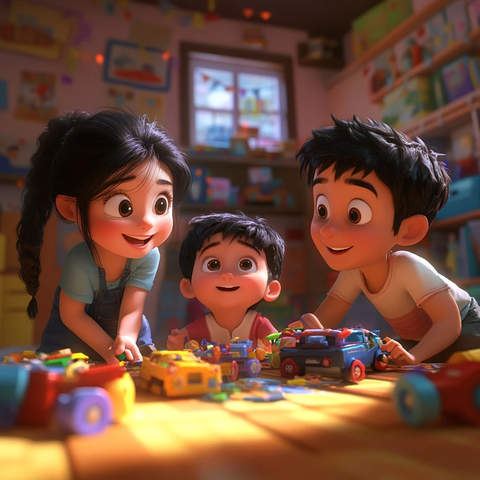 三个孩子清洁玩耍室