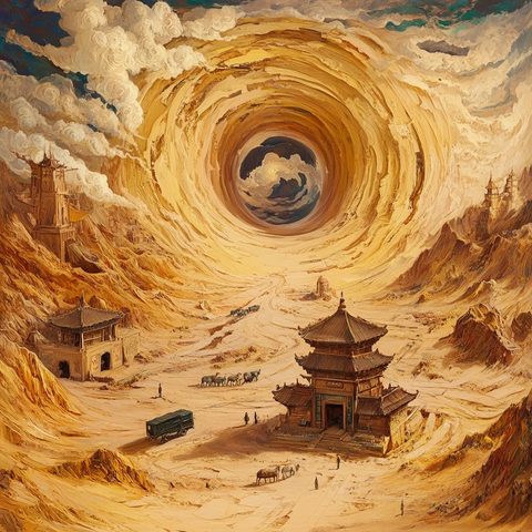 沙漠中带有传统建筑的奇异旋涡景象