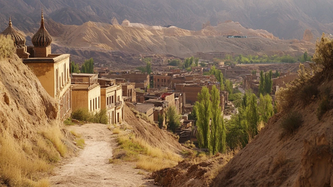 山间土路旁的村落景象