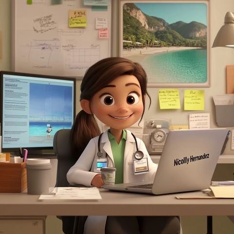 女医生办公桌前微笑喝咖啡