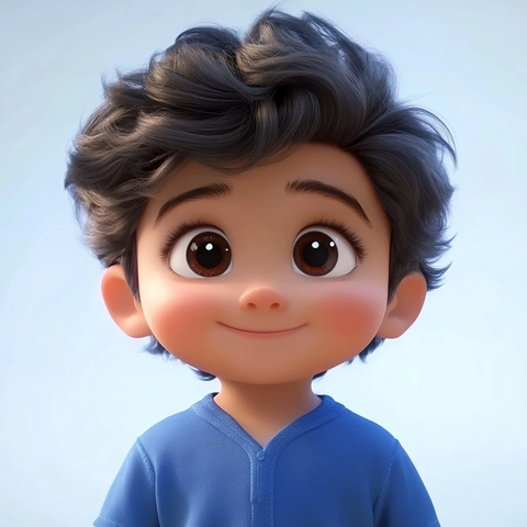 小男孩穿蓝衣站立微笑