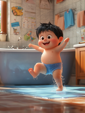 孩子单腿站立浴缸中