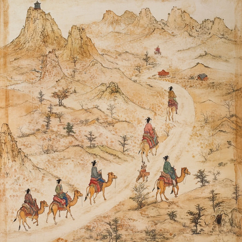 沙漠中骑骆驼的旅人队伍