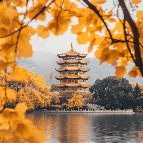 湖光秋色中典雅的多层塔楼全景