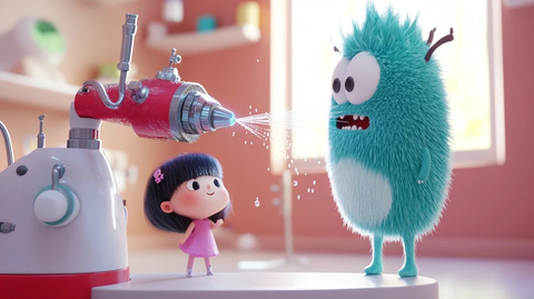 牙钻喷水小女孩观察牙医解释