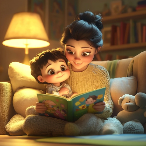 母亲读绘本给幼儿听