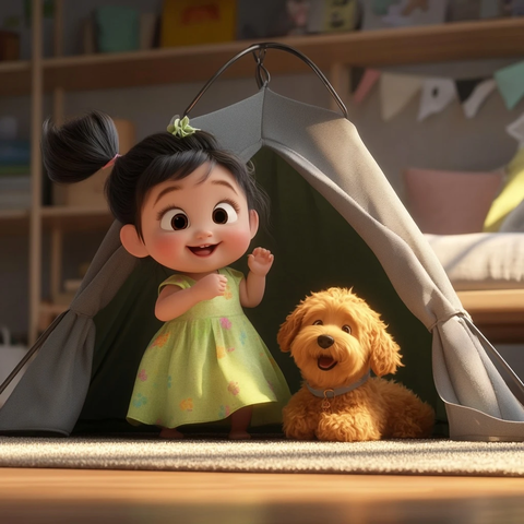 韩国宝宝与金毛犬玩耍