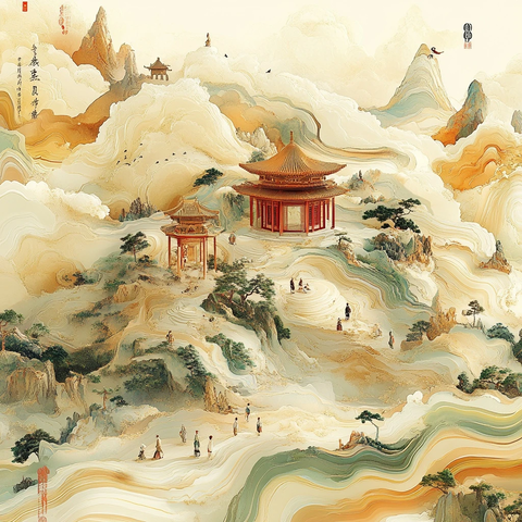 山间亭阁景观与游人的中式古典画作