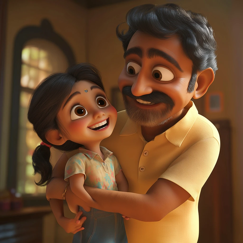 父亲抱女儿欢笑