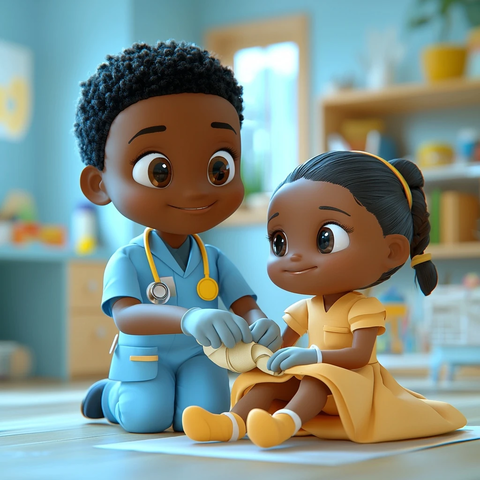 男孩给女孩包扎腿部伤口