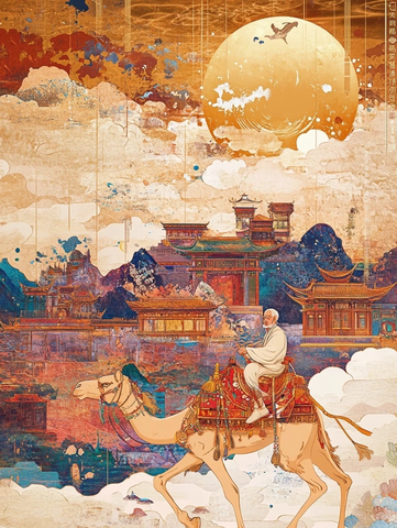 骑骆驼老者在中式古建筑前的场景