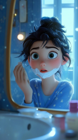 女孩镜前涂抹面霜