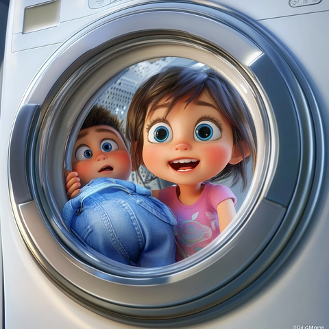 女孩与弟弟洗衣机动中玩耍