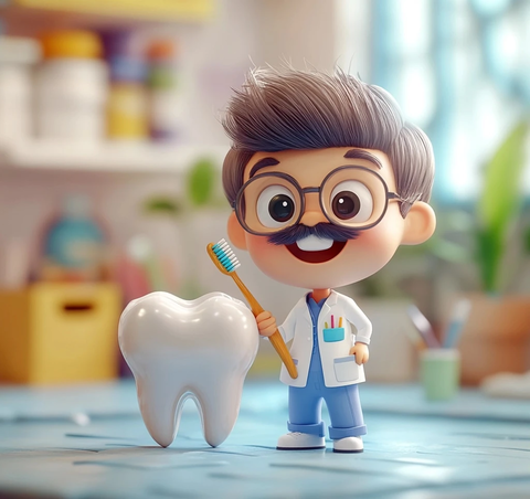 牙医持牙刷与巨型磨牙