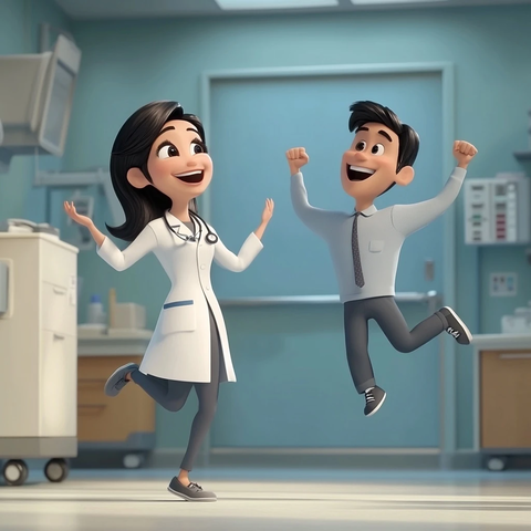 医生微笑男子跳跃庆祝