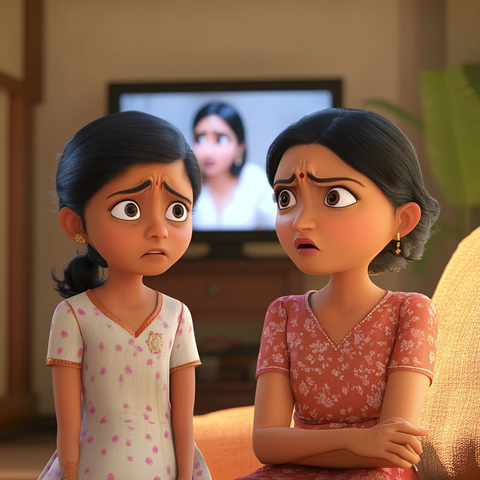 母女沙发对话电视背景