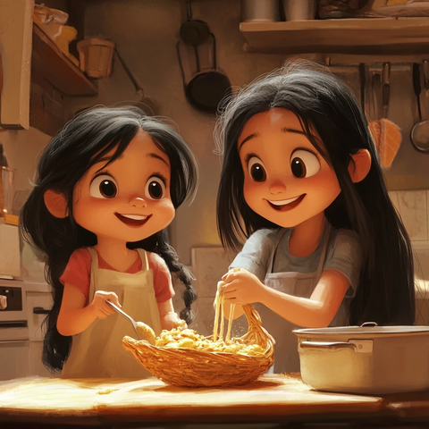 姐妹帮妈妈厨房做饭