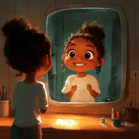 小女孩镜子前自我欣赏