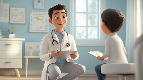 医生跪地与小患者交谈