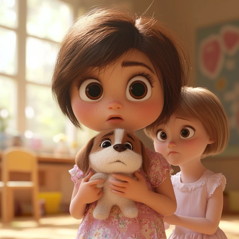 女孩抱玩具狗不愿分享