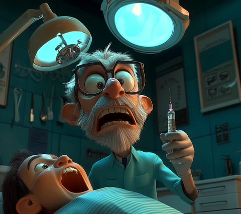 老牙医手持巨型针管诊疗