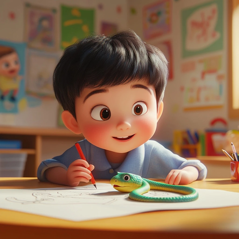 小学男孩桌面绘制蛇形图案