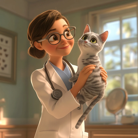 女兽医检查灰猫崽