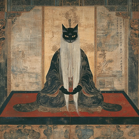 古装黑猫人像画静坐姿态尽显神秘