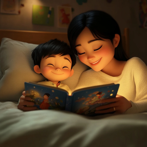 男孩听妈妈讲故事