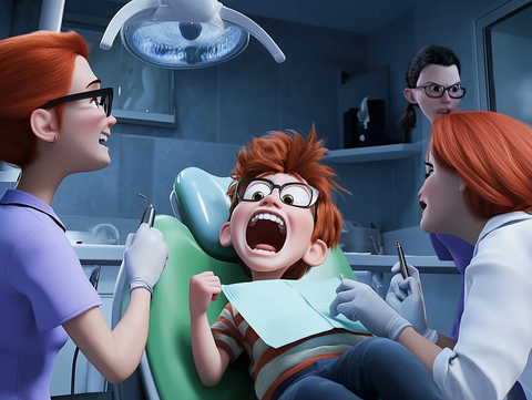 孩子挣扎逃离牙医椅的瞬间