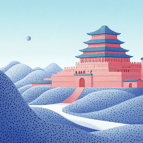 古风建筑多层塔楼坐落在群山之间