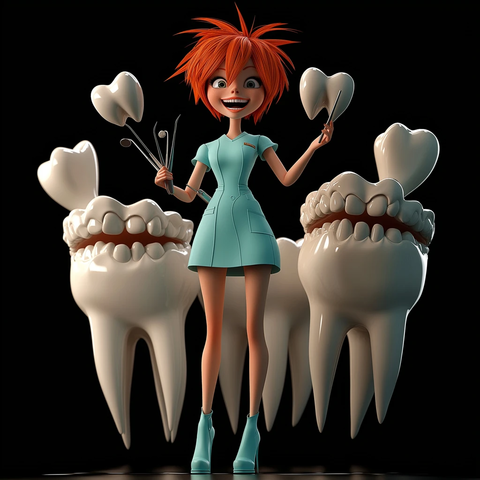 红发牙医手持巨齿自信微笑