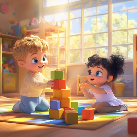 幼儿园玩具区堆叠彩色积木